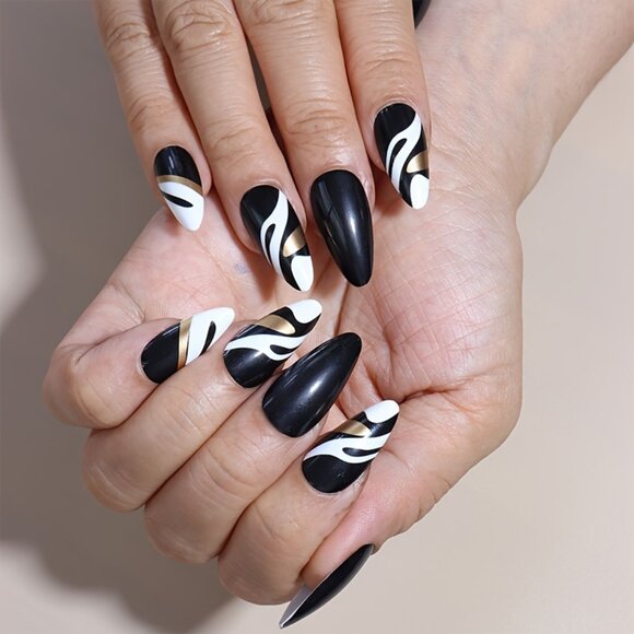 24-Piece Almond-Shaped Press-On Nails Set - Medium Length with Black and White - Picture 2 of 6